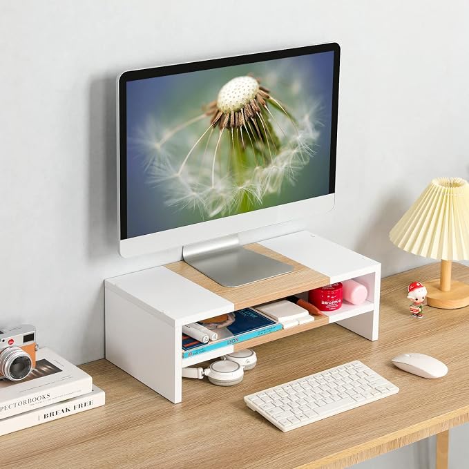 TEAMIX 2 Tiers Desktop Monitor Stand Riser 20 Inch Printer Stand with Storage Small TV Riser Laptop Wooden Desk Organizer Shelf Bookshelf Maple (White+Maple, 2 Tiers) | Laptop/PC/Printer/Keyboard Storage, Ergonomic Design, 15mm thick Sturdy Wood Boards... - Image 2