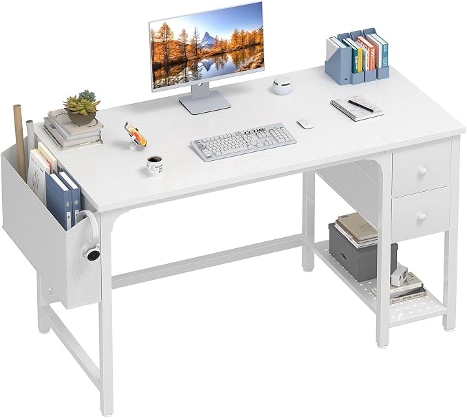 Lufeiya White Computer Desk with Drawers - 47 Inch PC Desk for Small Space Bedroom Home Office, Modern Simple Study Writing Table Desks with Storage Shelf, White by LUFEIYA