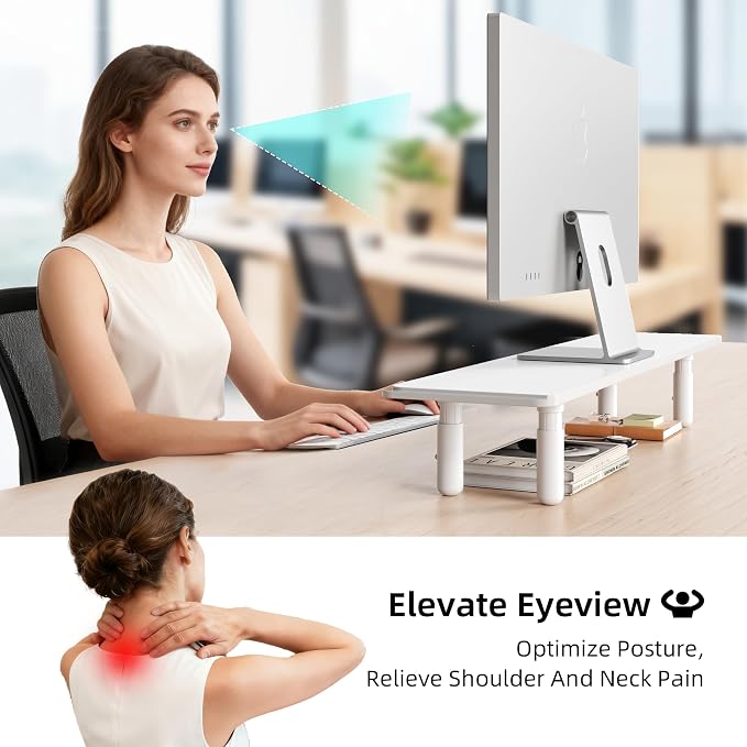 AFOOYO Dual Monitor Stand for Desk, Adjustable Height Wood Computer Riser, Ergonomic Monitor Shelf for Laptop, Printer, TV, Black - Large Storage Space, Sturdy Desk Organizer for Home & Office,White - Image 5