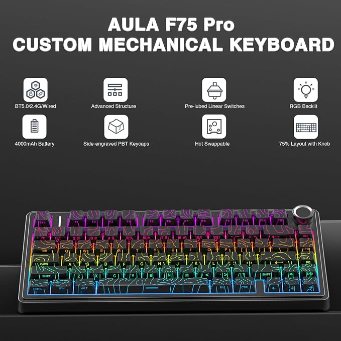 AULA F75 Pro Wireless Mechanical Keyboard with Knob,75% Hot Swappable Custom Gaming Keyboards,RGB Backlit,Pre-lubed Switches,Side Printed PBT Keycaps Creamy Sounding Computer Keyboard, Line Black - Image 2