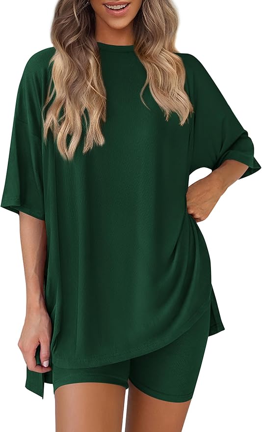 PRETTYGARDEN Women 2 Piece Lounge Set 2026 Summer Casual Oversized Shirts Biker Shorts Matching Airport Travel Outfit Clothes by PRETTYGARDEN