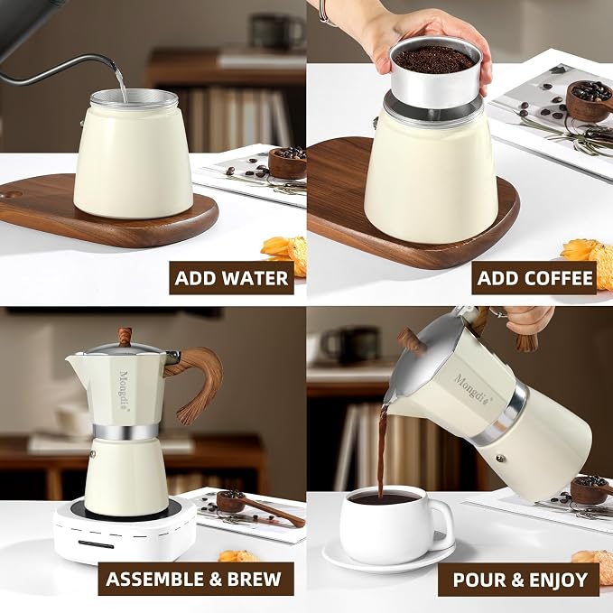 Mongdio Stovetop Espresso Maker Moka Pot, Cuban Coffee Maker Stove top coffee maker Moka Italian Espresso Greca Coffee Maker Brewer Percolator, 12 Espresso Cups, 20 oz - White - Image 4
