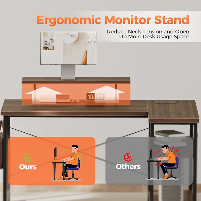 Mericonia 48 in Corner Desk with Monitor Stand, Small L Shaped Gaming Desk | Reversible Computer Desk with Power Outlets, LED Light & Storage Shelves, Office Table for Home Bedroom Study Work Writing - Image 4