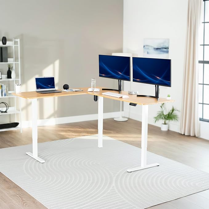 VIVO Real Bamboo 75 x 63 in Corner Standing Desk, DESK-E3CTWO-75 | Electric, Large Reversible L-Shaped Table, Sit Stand Height Adjustable, Memory Controller, Office Furniture Sets, Black Frame - Image 2