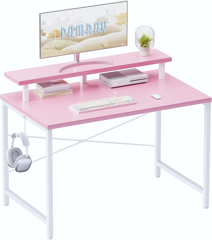 Pamray 32 Inch Small Computer Desk with Monitor Stand, Simple Office Desk with Headphone Hook for Small Spaces, Kids Study Writing Table for Bedroom, Pink by PAMRAY