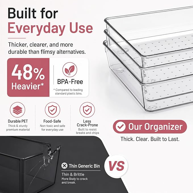 8 Pack Large Clear Plastic Drawer Organizer Bins - Acrylic Bathroom Drawer Organizer Trays - Heavy Duty Kitchen Drawer Dividers for Utensils - Non-Slip Storage Bins for Makeup, Bedroom, Office Desk - Image 4