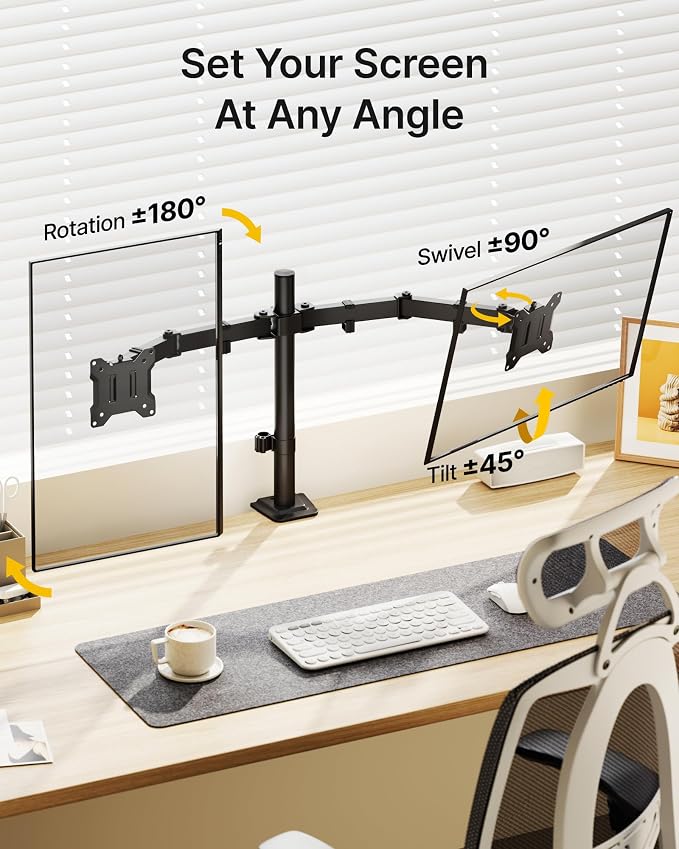 monTEK Heavy-Duty Dual Monitor Stand for 17-32", 22 lbs Each | Adjustable dual monitor mount, full-motion arms, clamp/grommet bases, cable management and VESA 75/100 - Image 4