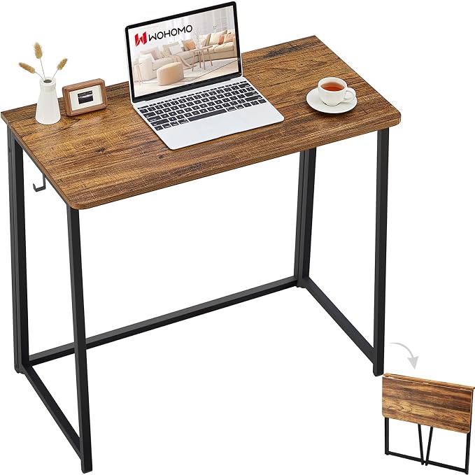 WOHOMO Folding Desk, 31.5" Foldable Computer Table for Small Spaces, Walnut | Easy Assembly and Fold, Sturdy Home office desks for Study Bedroom Dorm Space Saving Writing Work Apartment by WOHOMO