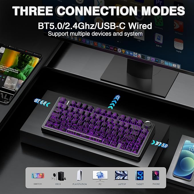 AULA F75 Pro Wireless Mechanical Keyboard with Knob,75% Hot Swappable Custom Gaming Keyboards,RGB Backlit,Pre-lubed Switches,Side Printed PBT Keycaps Creamy Sounding Computer Keyboard, Line Black - Image 3