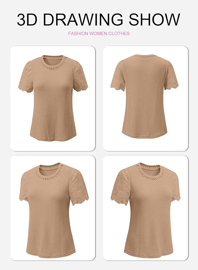 SHEWIN Womens Frenchy Summer Tops Crewneck Short Sleeve T Shirts Casual Waffle Knit Jacquard Blouses Top Shirts - Image 6