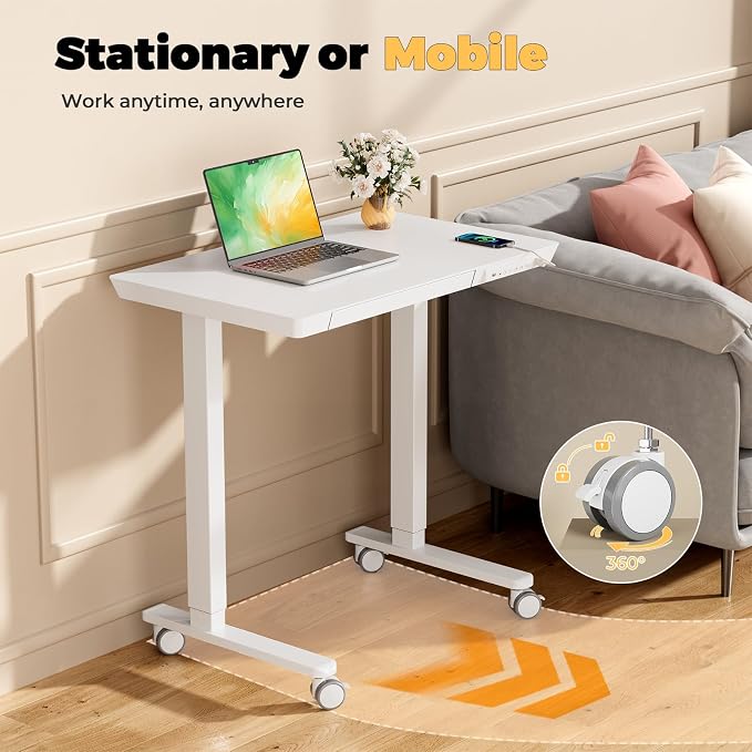 32" Electric Standing Desk with Drawer, Rolling Laptop Desk | Height Adjustable Quick Install One-Piece Tabletop with USB Charging Ports, Sit Stand Computer Desk for Small Space, White - Image 8