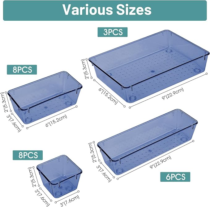WOWBOX 25 PCS Plastic Drawer Organizer Set, 4 Sizes Desk Drawer Divider Organizers and Storage Bins for Makeup, Jewelry, Gadgets for Kitchen, Bedroom, Bathroom, Office, Clear Dark Blue - Image 2
