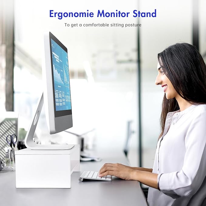 BEYGORM White Monitor Stand Riser for Desk,2 Tiers Wood Desk Shelf Computer Screen Stand with Storage for Desktop Laptop/Screen/TV/PC/Printer,Multifunctional Desktop Organizer 16.5 x 7.8 x 5.2 inch | Computer Screen Stand with Storage, For Desktop Lapt... - Image 2