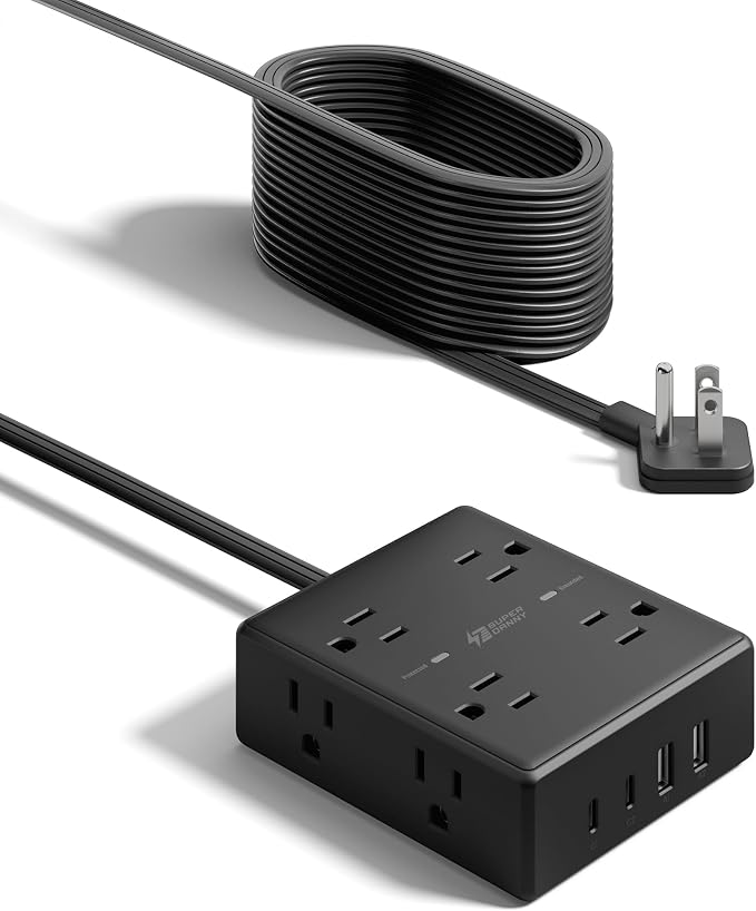 SUPERDANNY Extension Cord,Flat Plug Surge Protector Power Strip,20Ft | 8 AC & 4 USB Ports (2 USB C),Surge Protector with 1050J,Desk Charging Station for Home Office,College Dorm Room Essentials - Image 9