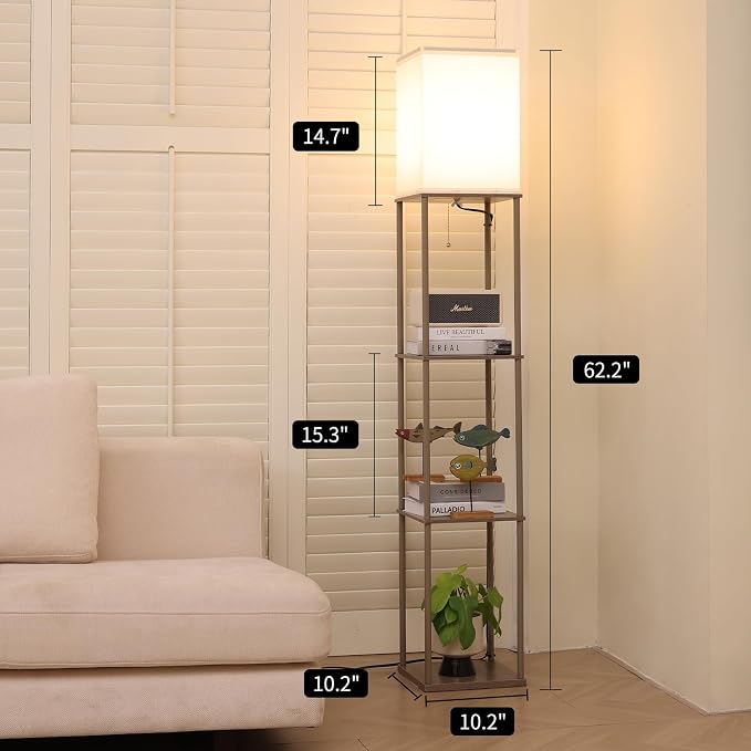 Gupuzm Floor Lamp with Shelves, Modern Square Standing Lamp with 3 Color Temperature Bulb, Corner Display Bookshelf Lamp for Living Room, Bedroom and Office （Grey） - Image 3
