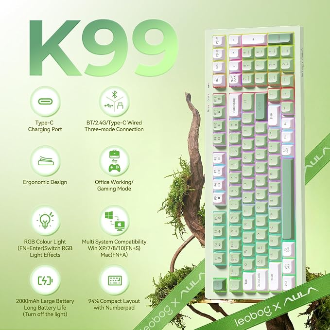 LEOBOG X Aula Green Keyboard Wireless Gaming Keyboard Creamy Silent | 98 Keys,Quiet,RGB Backlit,2000mAh Computer Keyboards Membrane Creamy Keyboard with Number Pad,Tri-Mode BT/2.4GHz/USB-C - Image 2
