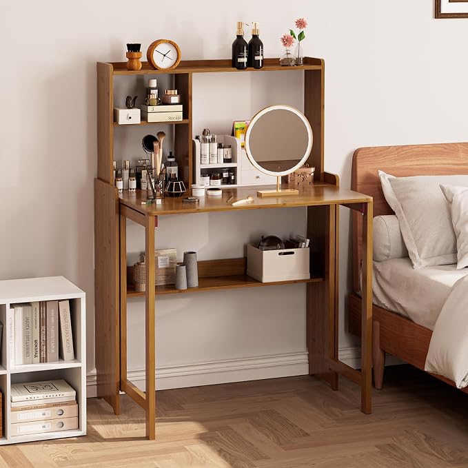 Folding Desk for Small Spaces, Bamboo Foldable Desk with Bookshelf, Brown | Small Computer Desk with Storage, Mid Century, Fold Out，Compact Size, for Bedroom, Living Room, Apartment, Home Office - Image 7