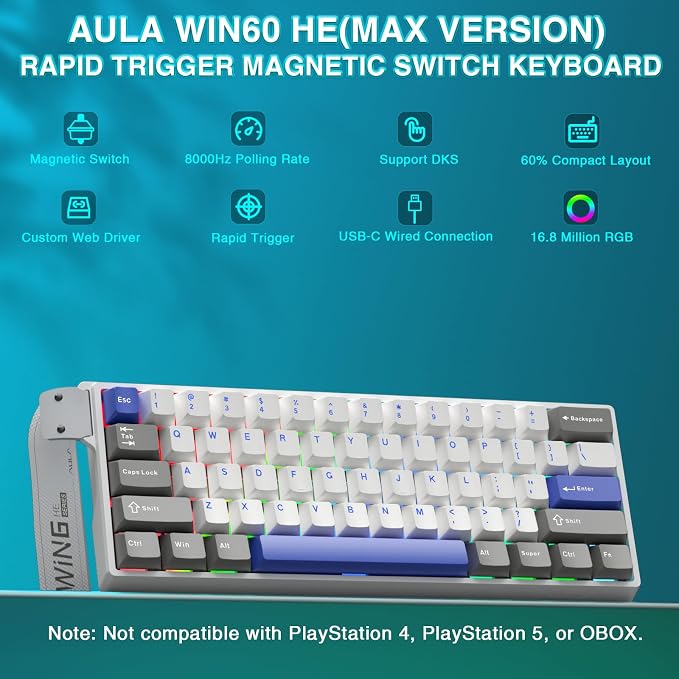 AULA WIN60 HE MAX - 60% Mechanical Gaming Keyboard Wired, Hall Effect Magnetic Switches Hot Swappable, Adjustable Actuation Rapid Trigger Mode, 8000 Hz Polling Rate, 60 Percent Keyboard Compact Design - Image 2