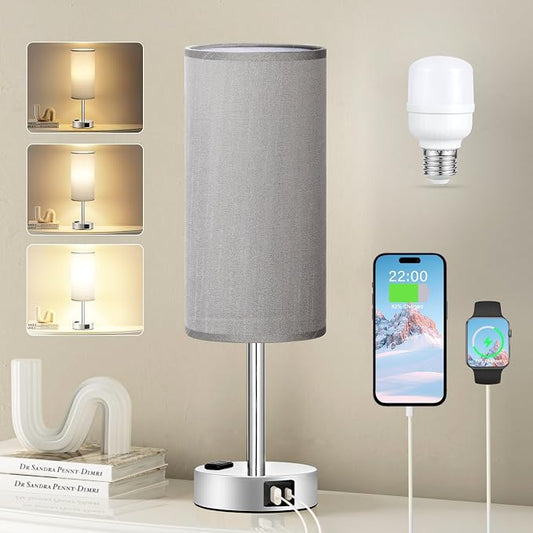 Fenmzee Grey Nightstand Table Lamp for Bedroom - 3 Way Dimmable Bedside Lamp USB C A Charging Ports and AC Outlet, Small Table Lamp Silver Base for Living Room, Office Desk, LED Bulb Included by Fenmzeelighting