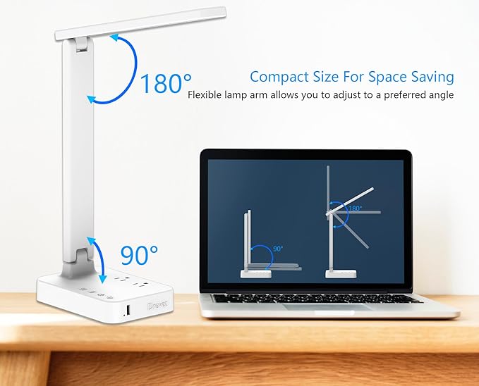 Drevet LED Desk Lamp, Desk Light with 1 USB Charging Port and 2 AC Power Outlet, 3 Lighting Modes, 3 Level Brightness,1H Timer, Touch Control, Eye-Caring Home Office Foldable Table Lamp (White) - Image 6