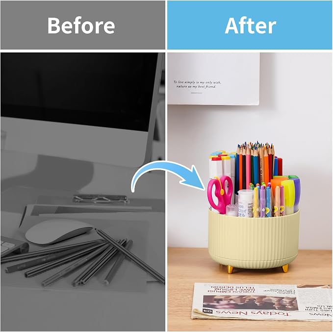 Marbrasse Desk Organizer, 360-Degree Rotating Pen Holder, Desk Organizers and Accessories with 5 Compartments Pencil Holder, Art Supply Storage Box Caddy for Office, Home (Yellow) - Image 7