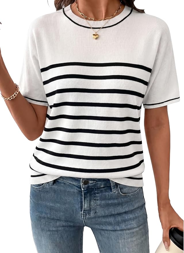 SHEWIN Womens Tops Trendy Short Sleeve Shirts Crewneck Lightweight Knit Sweater Top Business Casual Outfits by SHEWINBeYourFashionStylist