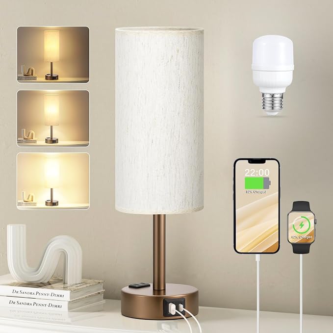Fenmzee Brown Bedside Table Lamp for Bedroom - 3 Way Dimmable Touch Lamp USB C Charging Ports and AC Outlet, Small Lamp Round Flaxen Cream Fabric Shade for Living Room, Desk, LED Bulb Included by Fenmzeelighting
