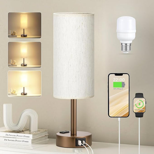 Fenmzee Brown Bedside Table Lamp for Bedroom - 3 Way Dimmable Touch Lamp USB C Charging Ports and AC Outlet, Small Lamp Round Flaxen Cream Fabric Shade for Living Room, Desk, LED Bulb Included by Fenmzeelighting