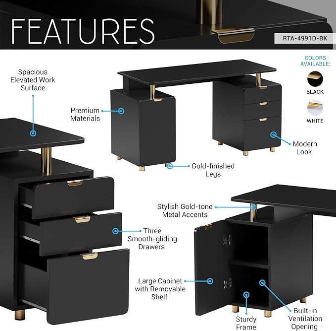 Techni Mobili 57"W Computer Desk w/ 3 Drawers & Storage Cabinet, Black/Gold | Home office workstation, durable construction, everyday productivity, Ideal for home office, Workspace organization - Image 4