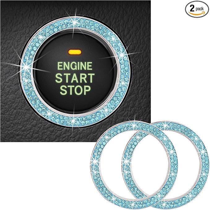 Kewucn 2 PCS Bling Crystal Double Rhinestone Car Engine Start Decoration Ring, Sparkling Push Start Button Sticker, Key Ignition & Knob Ring Decoration, Bling Car Interior Accessory(Lake Blue) by Kewucn
