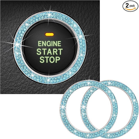 Kewucn 2 PCS Bling Crystal Double Rhinestone Car Engine Start Decoration Ring, Sparkling Push Start Button Sticker, Key Ignition & Knob Ring Decoration, Bling Car Interior Accessory(Lake Blue) by Kewucn