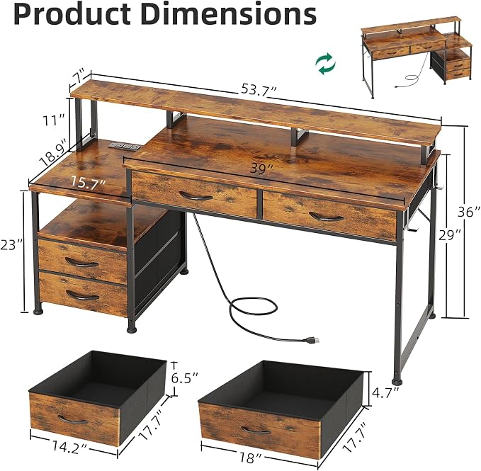 53" Computer Desk with 4 Drawers & Power Outlets, Reversible Home Office Desk with Monitor Stand & Printer Stand, Gaming Desks with Led Lights, Study Writing Work Desks Table for Bedroom, Vintage - Image 3