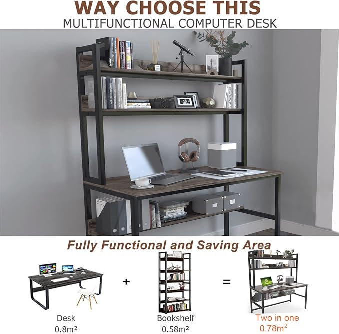Aquzee Desk with Hutch Bookshelves, Computer Desk with 3 Tiers Storage Shelves, Space Saving Design Black Metal Legs Desk with Grey Board, Easy Assemble - Image 5