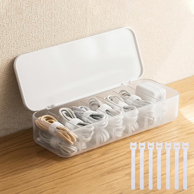 PAVSTINE Cable Organizer Storage Box with 7 Wire Ties,Desktop Cable Management Box with Lid,Power Cord Organizer with 7 Compartments for Office,Home,Desk Accessories Storage Stationery Supplies White by PAVSTINE
