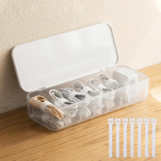 PAVSTINE Cable Organizer Storage Box with 7 Wire Ties,Desktop Cable Management Box with Lid,Power Cord Organizer with 7 Compartments for Office,Home,Desk Accessories Storage Stationery Supplies White by PAVSTINE