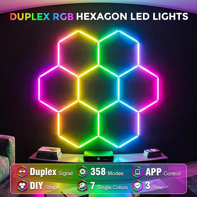 RGB Hexagon Garage Lights 7 Hex, Duplex Signal RGB Hexagon Led Lights with Music Sync Mode, Easy Setup RGB Ceiling Lights for Garage, Gym, Studio, Gaming Room, Party, Bar - Image 3