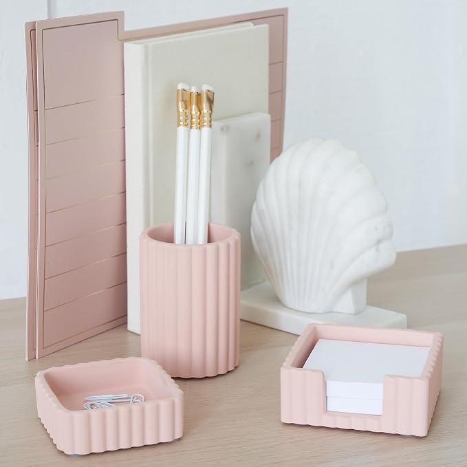 Aesthetic Desk Organizer Set of 3 For Your Office - Sturdy Concrete Desktop Accessories For Women Enhance Any Office Decor - Set incl. Pen Holder, Paperclip Storage & Sticky Note Holder for Teacher - Image 2