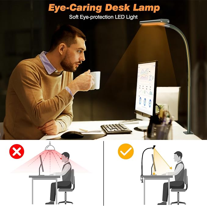 Airlonv LED Desk Lamp for Office Home, Eye-Caring Desk Light with Stepless Dimming Adjustable Flexible Gooseneck, 10W USB Adapter Desk Lamp with Clamp for Reading, Study, Workbench (Green) - Image 6