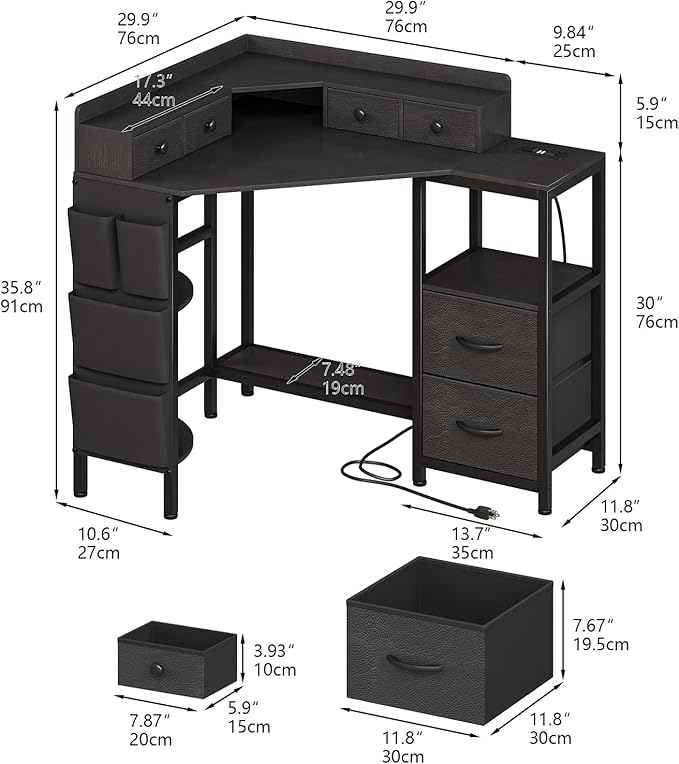 VENNQD Corner Desk with 6 Drawers Shelves for Small Space Computer Desk with Power Outlets,Gaming Desk with Printer Monitor Stand Storage for Home Office Workstation Writing Table (Black, 31.5) - Image 2
