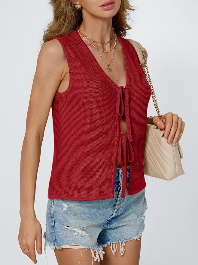 LILLUSORY Womens Tie Front Tops Vacation Sweater Vest | Bohemian Style, Beach Resort Wear, Concert Western Outfits, Crochet Tops, Vacation Outfits, Cute Y2k Sleeveless 2026 - Image 3