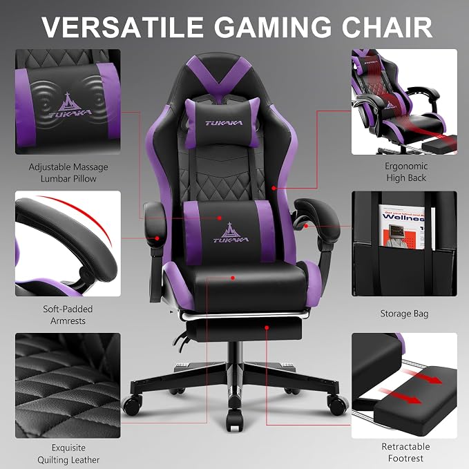 Gaming Chair,Ergonomic Massage Office Chair with Footrest,Purple | Pocket Spring Cushion,Reclining,Thick High Back,Headrest and Lumbar Support,Adjustable Leather Computer Chair Gamer Chair - Image 5