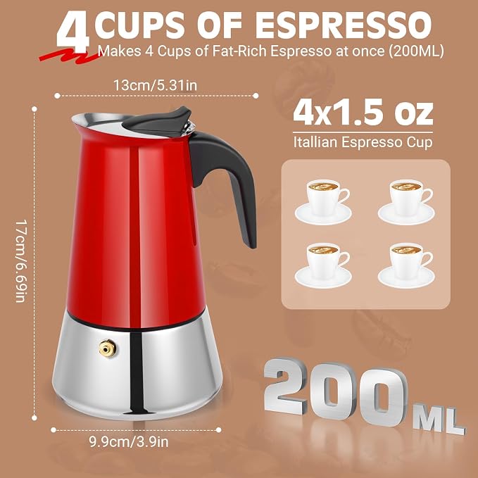 4 Cup Stainless Steel Moka Pot, 200ml Stovetop Espresso Maker, Red | 304 Stainless Steel Mocha Pot, Induction Compatible, Greca de Cafe, Cuban and Italian Coffee Maker - Image 6