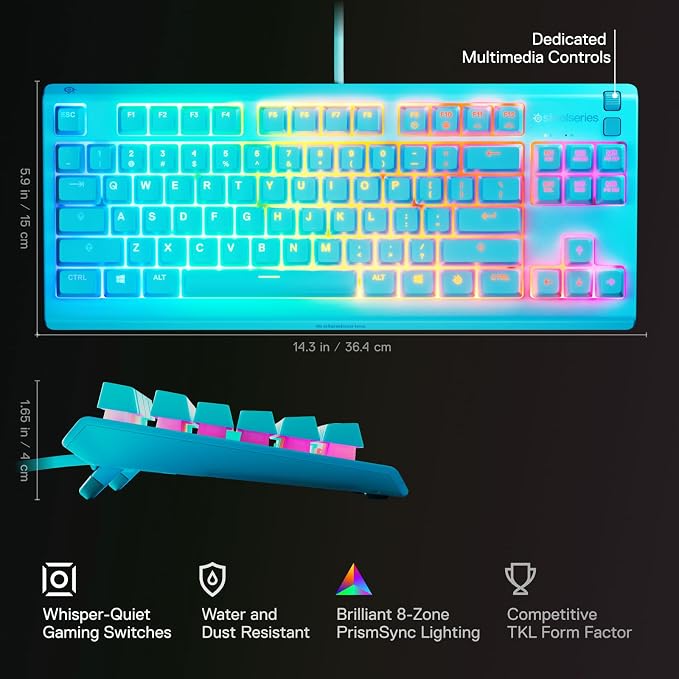 SteelSeries Apex 3 TKL Aqua RGB Gaming Keyboard — Tenkeyless Compact Form Factor — 8-Zone RGB Illumination — Water and Dust Resistant — Whisper-Quiet Gaming Switch - Image 3