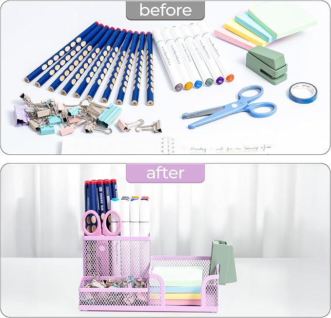 M&G Mesh Pen Holder Desk Organizers Pencil Holder for Desk Purple, 3 Compartments Metal Office Supply Organizer with Sticky Notes Holder for Home Office - Image 5