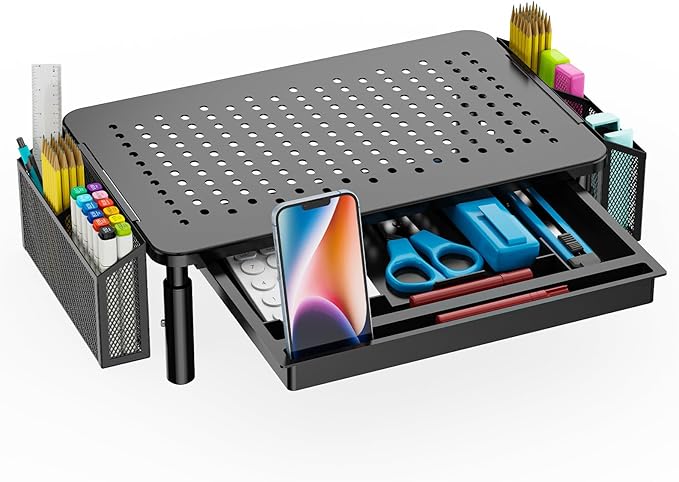 WALI Computer Monitor Stand with Storage, Desk Organizer with Drawer and Pen Holder, Desk Monitor Riser 3 Height Adjustable, Laptop Riser for Computer, Laptop, Printer (STT003DH-B), 1 Pack, Black by WALI