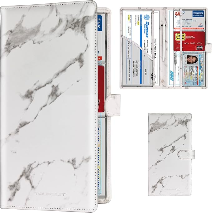 TOURSUIT Car Registration and Insurance Card Holder, Marble Grey | Vehicle License Document Organizer, Glove Box Compartment, Interior Car Accessories, For Women Men by TOURSUIT