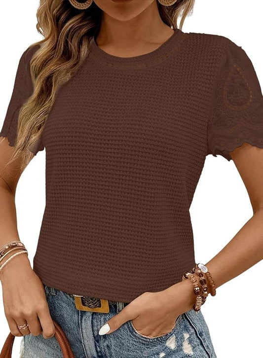 SHEWIN Womens Frenchy Summer Tops Crewneck Short Sleeve T Shirts Casual Waffle Knit Jacquard Blouses Top Shirts by SHEWINBeYourFashionStylist