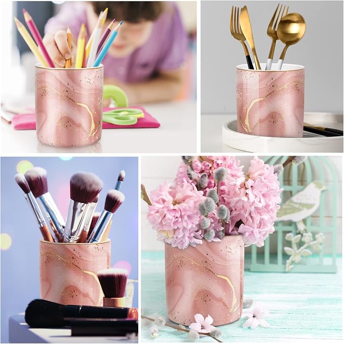 Large Capacity Colored Pen Holder for Desk, Ceramic Pencil Holder Pen Cup Marker Holder Makeup Brush Holders, Desk Accessories & Workspace Organizers for Home, Office, Red Marble - Image 3
