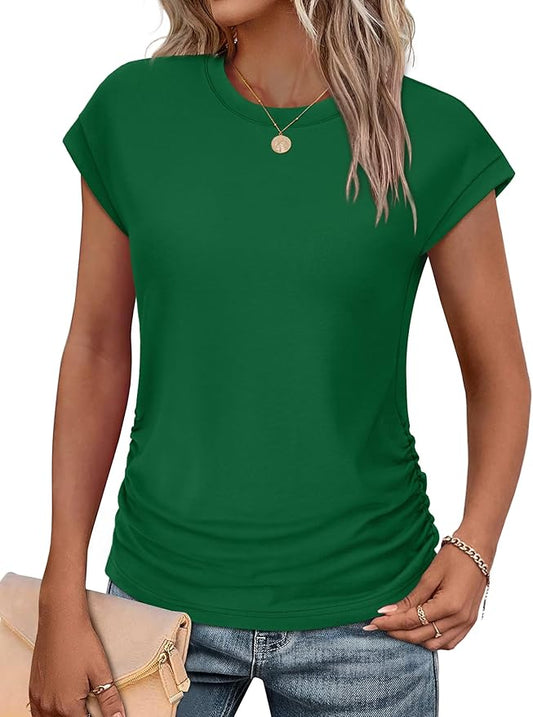 Sampeel Womens Summer Tops Trendy 2026 Ruched Cap Short Sleeve Tshirts Shirts Crew Neck T Shirts Fashion by SAMPEEL
