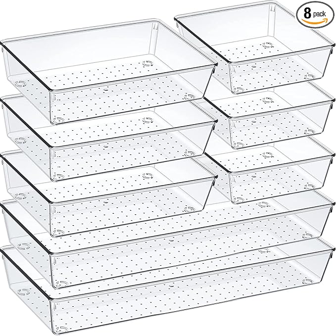 Criusia Drawer Organizer Set, Acrylic Non Slip Non Cracking Kitchen Drawer Storage Tray Large Size Divider, Multifunctional Storage for Cosmetics, Bathroom, Tools, Kitchen and Office (8 PACK) by Criusia